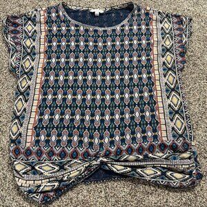 Lucky Brand Aztec Boho Short Sleeve Top Knotted Front Red Blue Beige Women's L